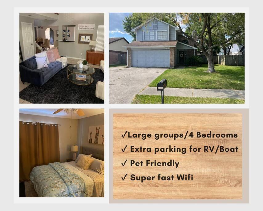 four pictures of a bedroom and a house at Charming Home Near IAH, Minutes from Malls in Humble