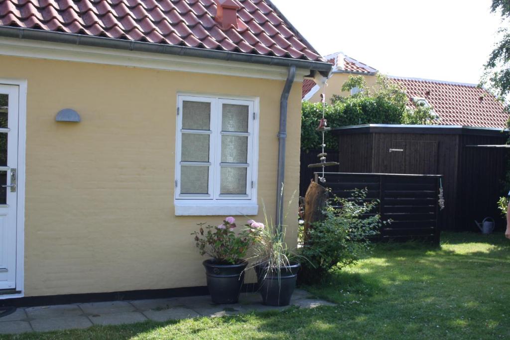 a yellow house with a window and plants in the yard at Holiday-Skagen in Skagen