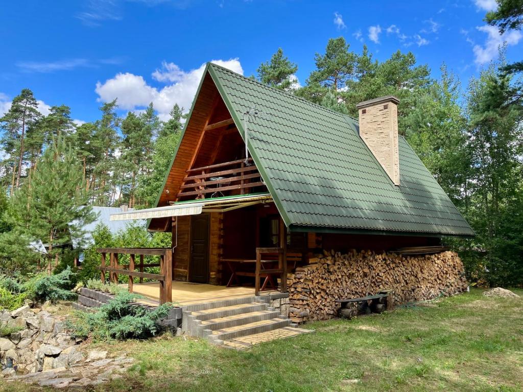 Cabaña de madera con techo verde en Domek Szumy, en Susiec