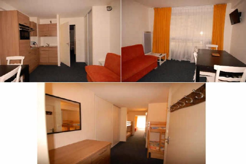 - deux photos d'un salon et d'une cuisine dans l'établissement Résidence MARMOTTES - Studio pour 8 Personnes MAE-9014, à Gourette
