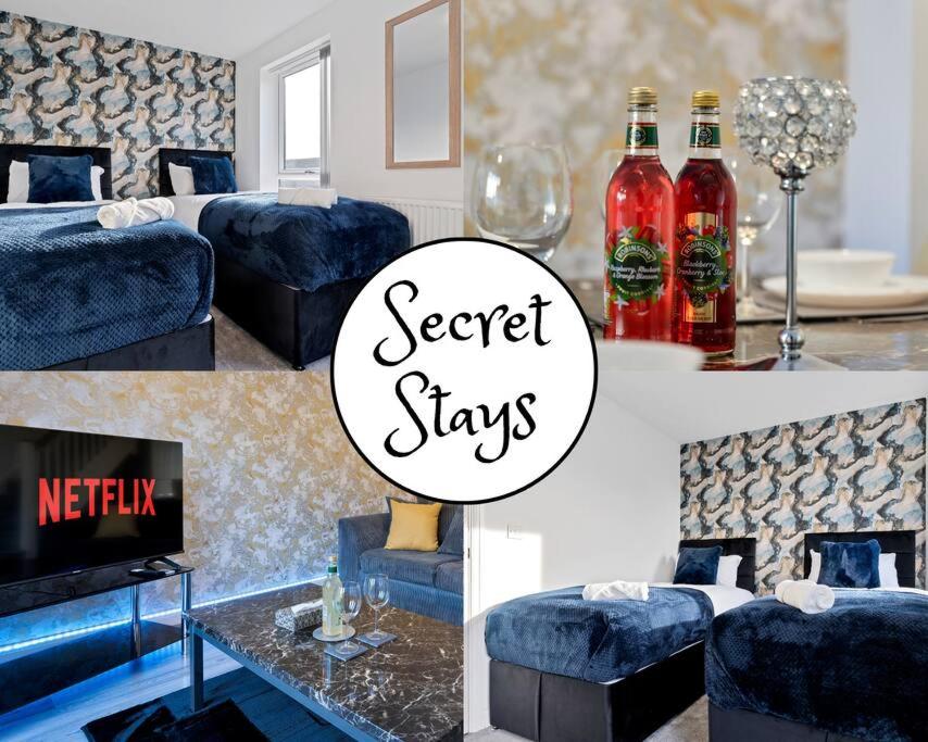 un collage de fotos de una habitación con muebles azules en Luxury Birmingham City Centre Townhouse with FREE Parking - Sleeps 4 - Perfect for Contractors, Business Travellers, Families and other Groups - Near Bullring, Newstreet, Selfridges, NEC, NIA & Birmingham airport, en Birmingham