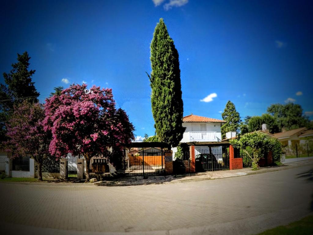 a house with a fence and a tree with pink flowers at Apartamento La Tablada in Villa General Belgrano