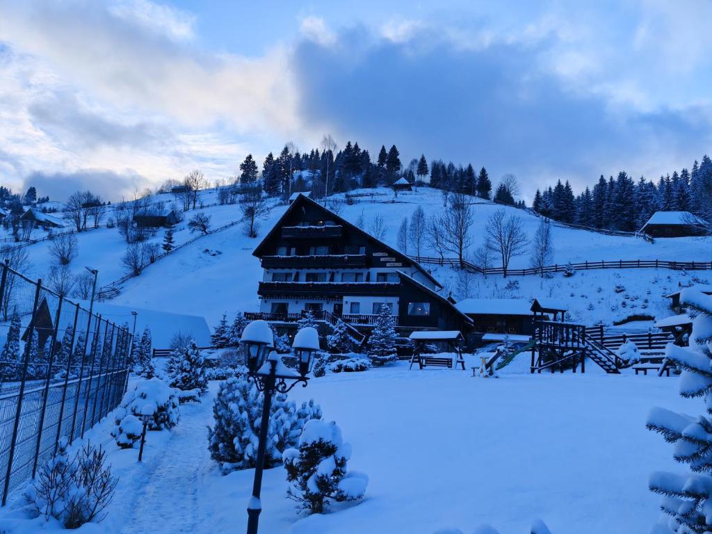 a snow covered house on a snowy hill with a light pole at Poiana Soarelui in Moieciu de Sus