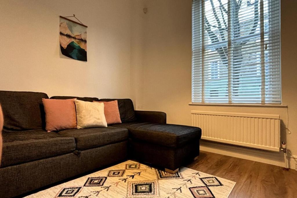a living room with a couch and a window at Quaint 1BD Flat 5 mins from Emirates Stadium! in London