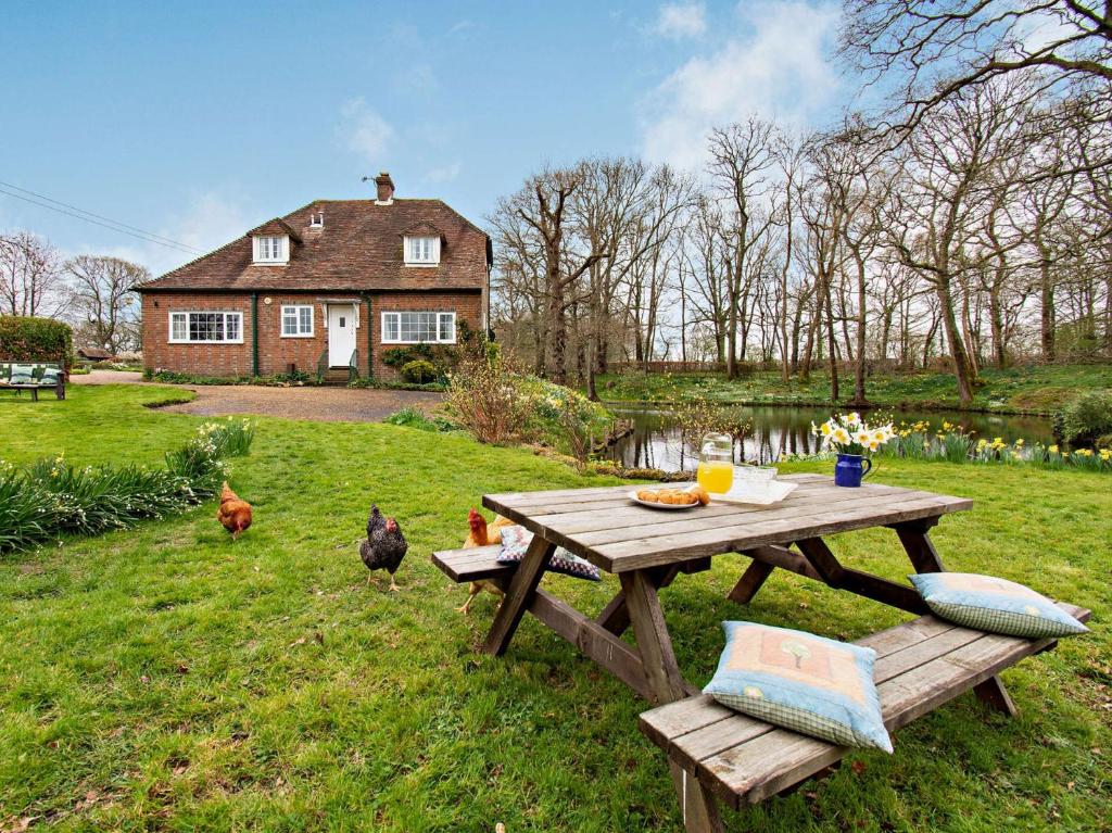 - une table de pique-nique dans une cour avec des poulets devant une maison dans l'établissement 4 Bed in Uckfield BT021, à Buxted