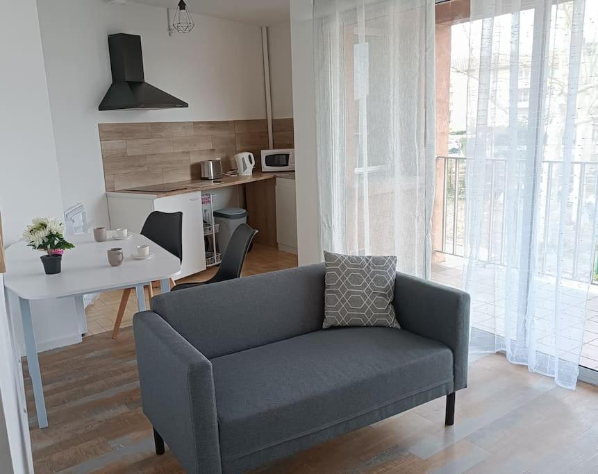 een woonkamer met een bank en een tafel bij T2 Haut de gamme - Gare Muret - TV & Wifi HD in Muret