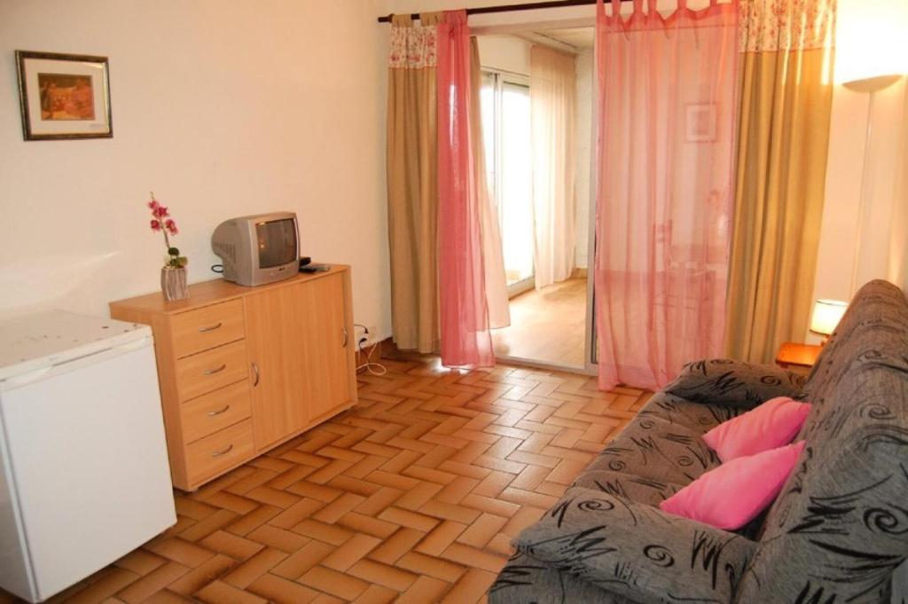 un salon avec un canapé et une télévision dans l'établissement Résidence Les Cyclades - STUDIO 4 PERSONNES 4 couchages PORT LEUCATE. Réf: 2CYC_39A MAE-4894, à Port-Leucate