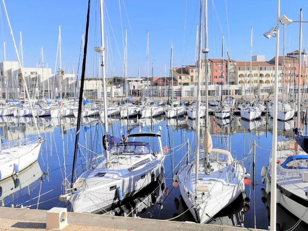 Un tas de bateaux sont amarrés dans un port de plaisance dans l'établissement Résidence Terrasses De La Mediterranee 1 - 2 Pièces 4 couchages PORT LEUCATE MAE-5654, à Port-Leucate
