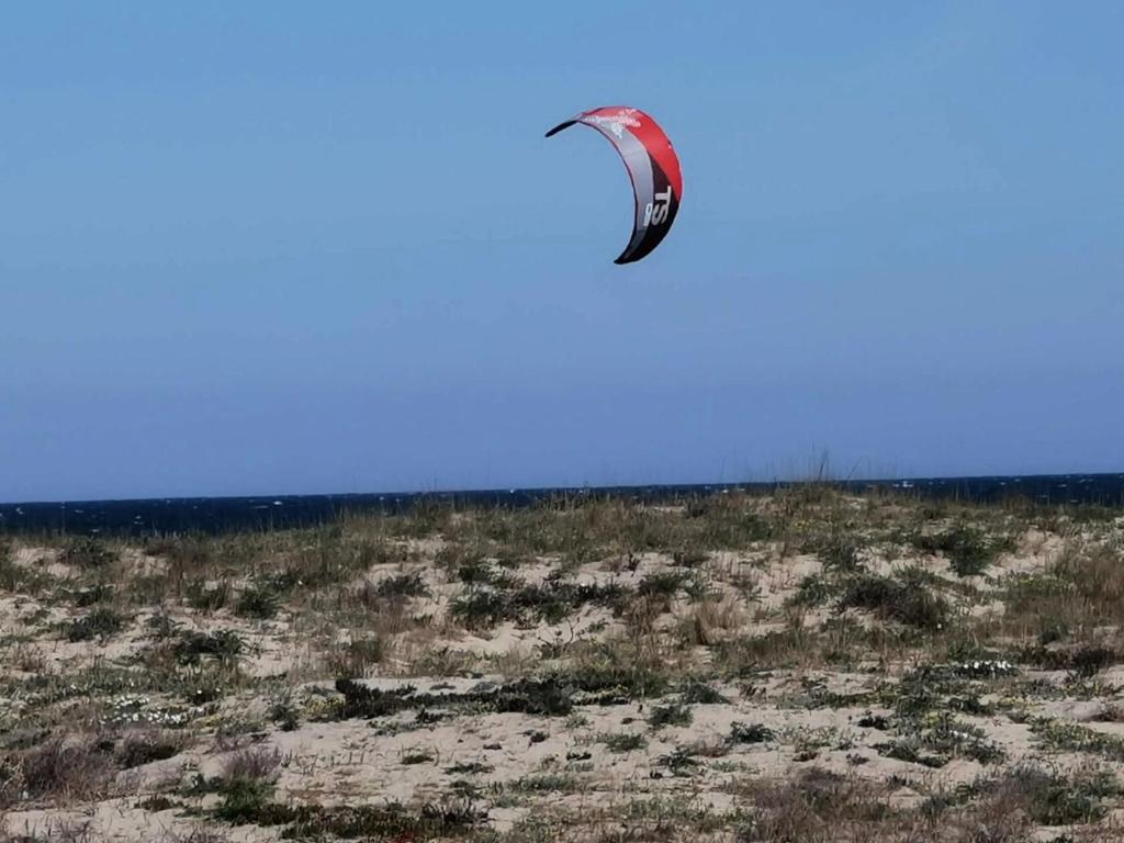 un cerf-volant volant dans le ciel au-dessus d'un champ dans l'établissement Résidence Les Captivantes - Villa trois pièces mezzanine face à la mer avec garage à Port Leucate. Réf: 1CAPT_H3 MAE-5964, à Port-Leucate