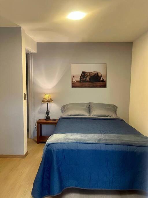 a bedroom with a bed with a blue bedspread at Depto. Equipado, 1 Habitación con estacionamiento in Tulancingo
