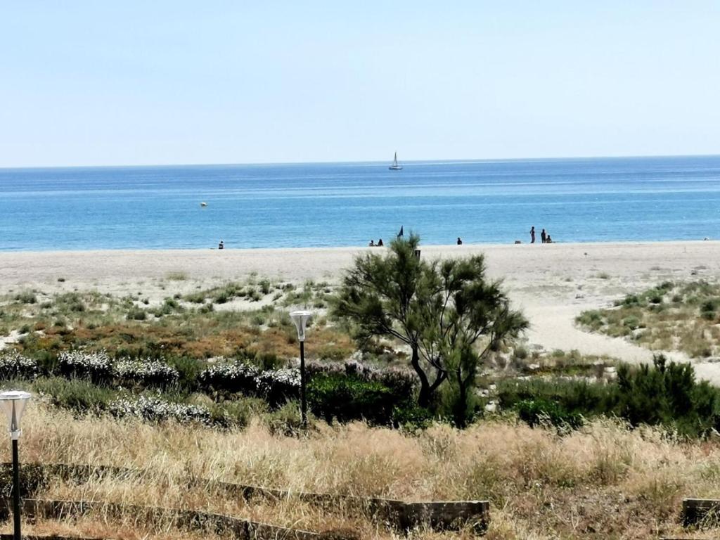 uma praia com pessoas na areia e no oceano em Résidence LES NEFS DES SABLES - Studio pour 5 Personnes 924 em Port Leucate