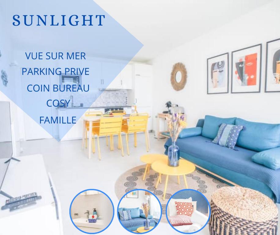 a living room with a blue couch and a table at SUNLIGHT HORIZON* Parking * Terrasse * Vue Mer * WIFI *Famille in La Grande Motte