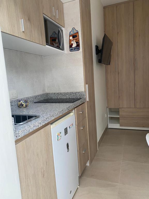 a small kitchen with a white refrigerator and wooden cabinets at Minisuite entrada lateral, seguridad y privacidad in SamborondÃ³n