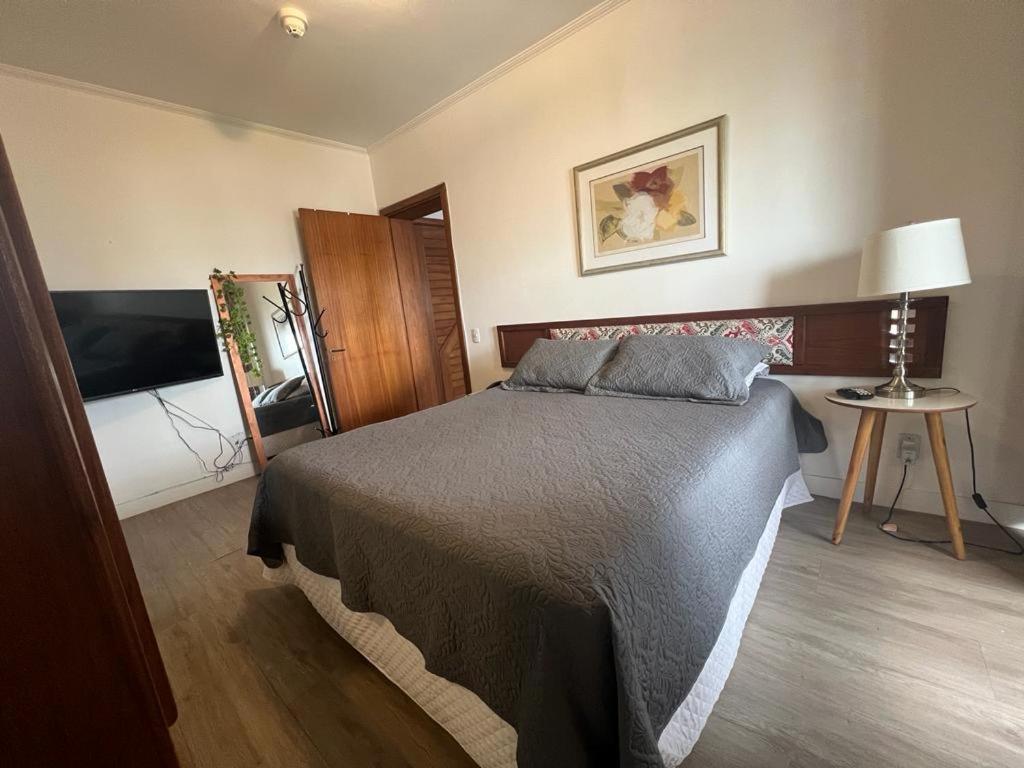 a bedroom with a large bed and a television at Flat espaçoso e confortável no Piazza Navona in Porto Alegre