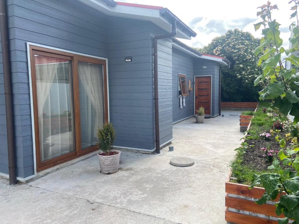 a blue house with a patio in front of it at Cabañas Bosque Austral in Punta Arenas