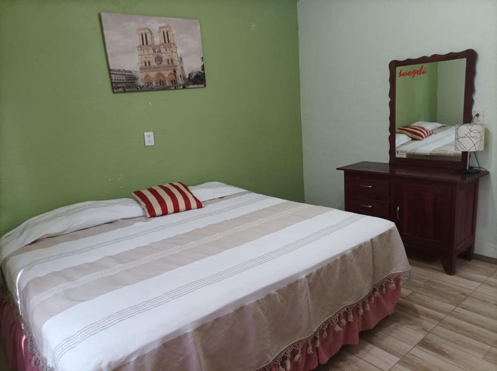 a bedroom with a large bed and a mirror at casa de mamá in Santa María Azompa