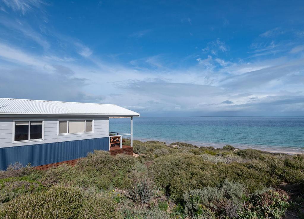 塞杜納的住宿－Ceduna Shelly Beach Caravan Park，海滩上的房子,背景是大海