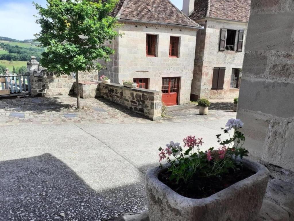 ein Steingebäude mit einem Blumentopf davor in der Unterkunft Gîte de France à Curemonte 3 épis - Gîte de France 6 personnes 034 in Curemonte