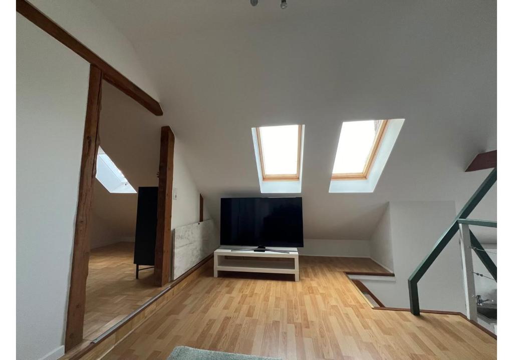 ヘンミンゲンにあるMesse- Monteuer- & Urlaubswohnungのリビングルーム(屋根裏部屋、薄型テレビ付)