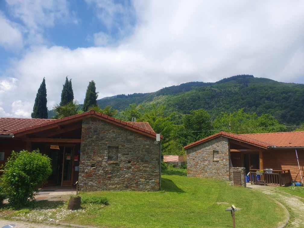 Quelques bâtiments avec une montagne en arrière-plan dans l'établissement Chalets à 10 minutes de Foix, à Mercus-Garrabet