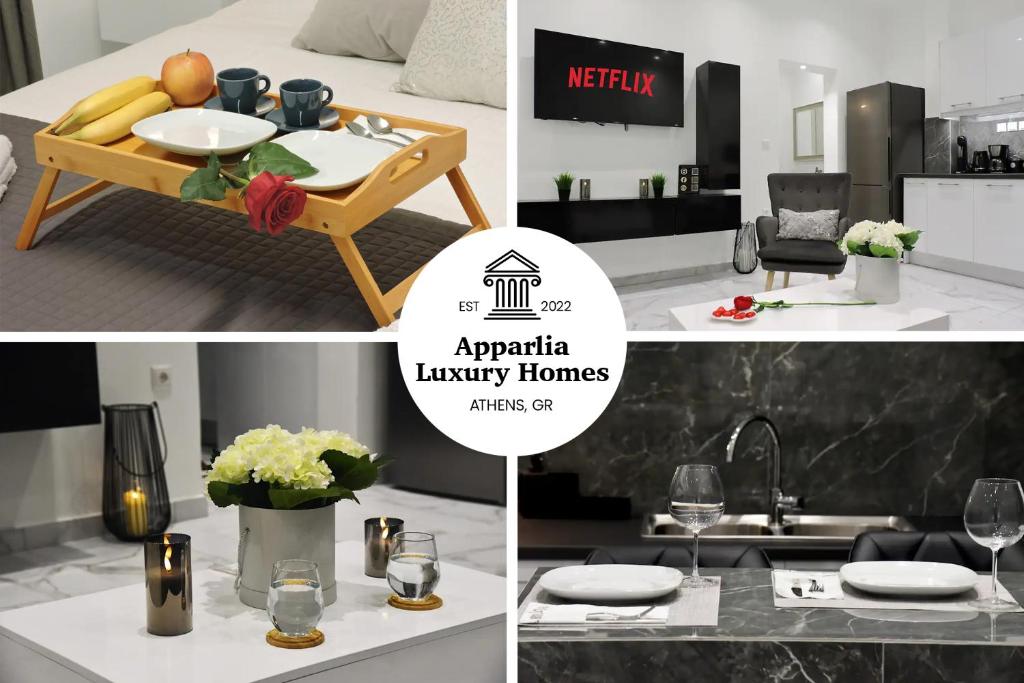 a collage of photos of a kitchen and a living room at Apparlia Athens Luxury Apartment near Acropolis in Athens