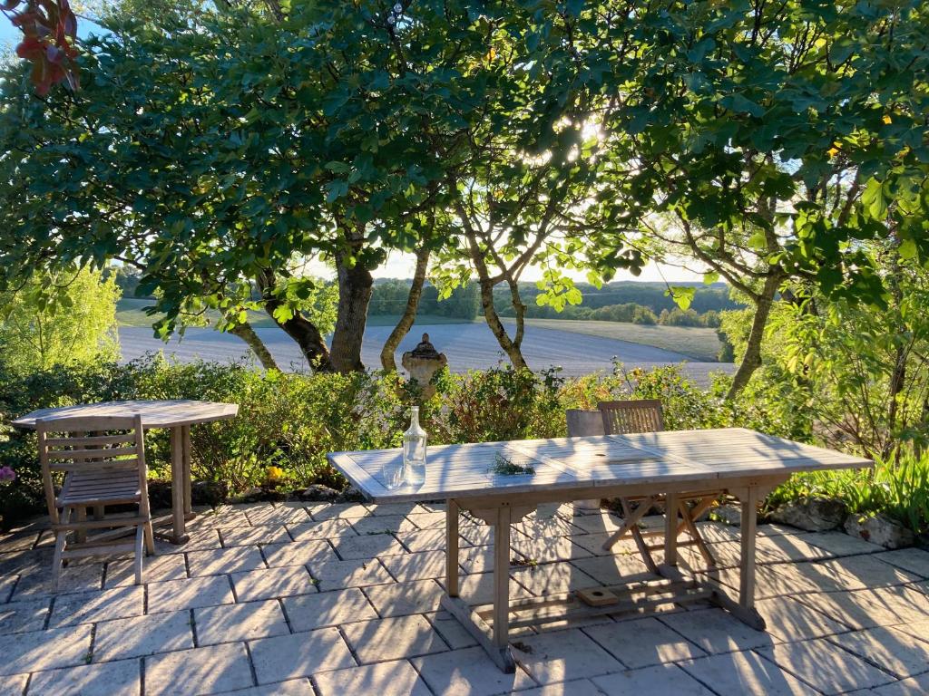 a picnic table and chairs on a patio with a view of the water at Gîte de charme avec grand jardin &amp; piscine in Touffailles