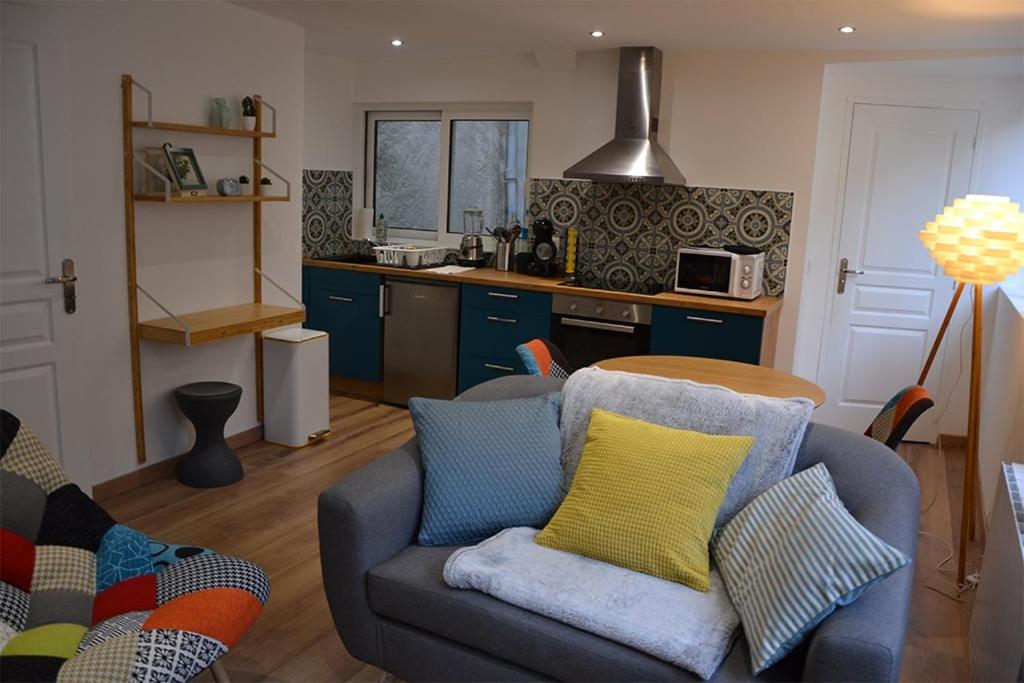 un salon avec un canapé et une cuisine dans l'établissement La Garde de la Tonnellerie, à Chartres