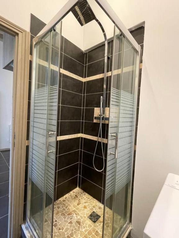 a shower with a glass enclosure in a bathroom at Le Versant de la Cathédrale - Parking - Autonomous in Chartres