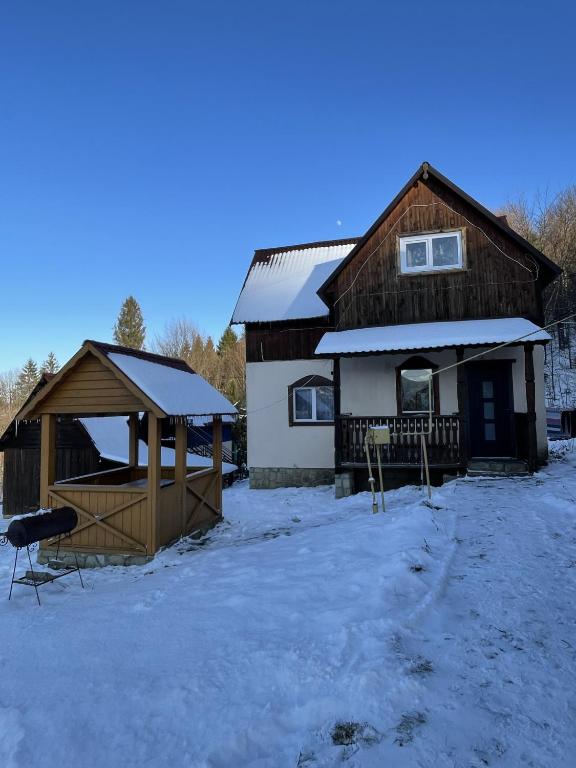 a house with a gazebo in the snow at Дикий Ліс in Yaremche