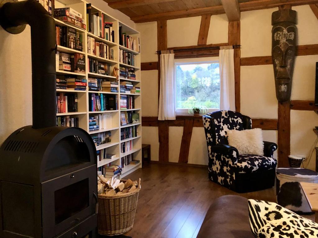 a living room with a fireplace and a book shelf at Eschachblick in Zimmern ob Rottweil