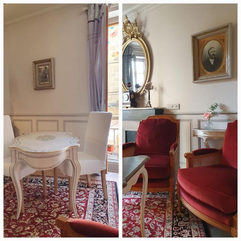 deux photos d'une chambre avec une table et une chaise dans l'établissement À l'époque, à Sarlat-la-Canéda