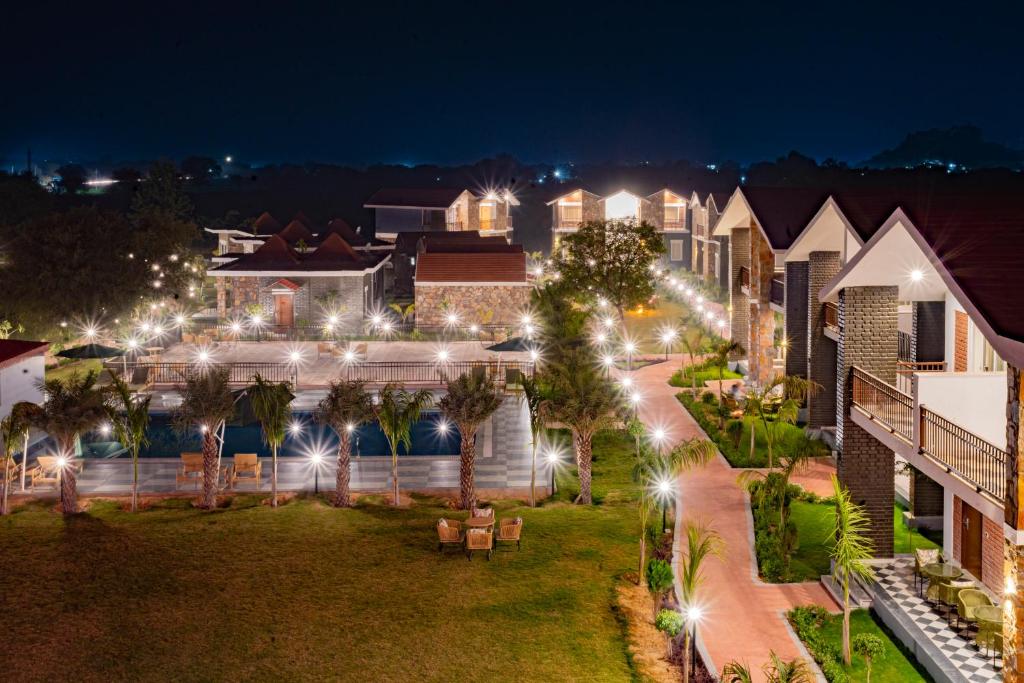 an aerial view of a resort at night at Spree Resort Sariska in Thāna Ghāzi