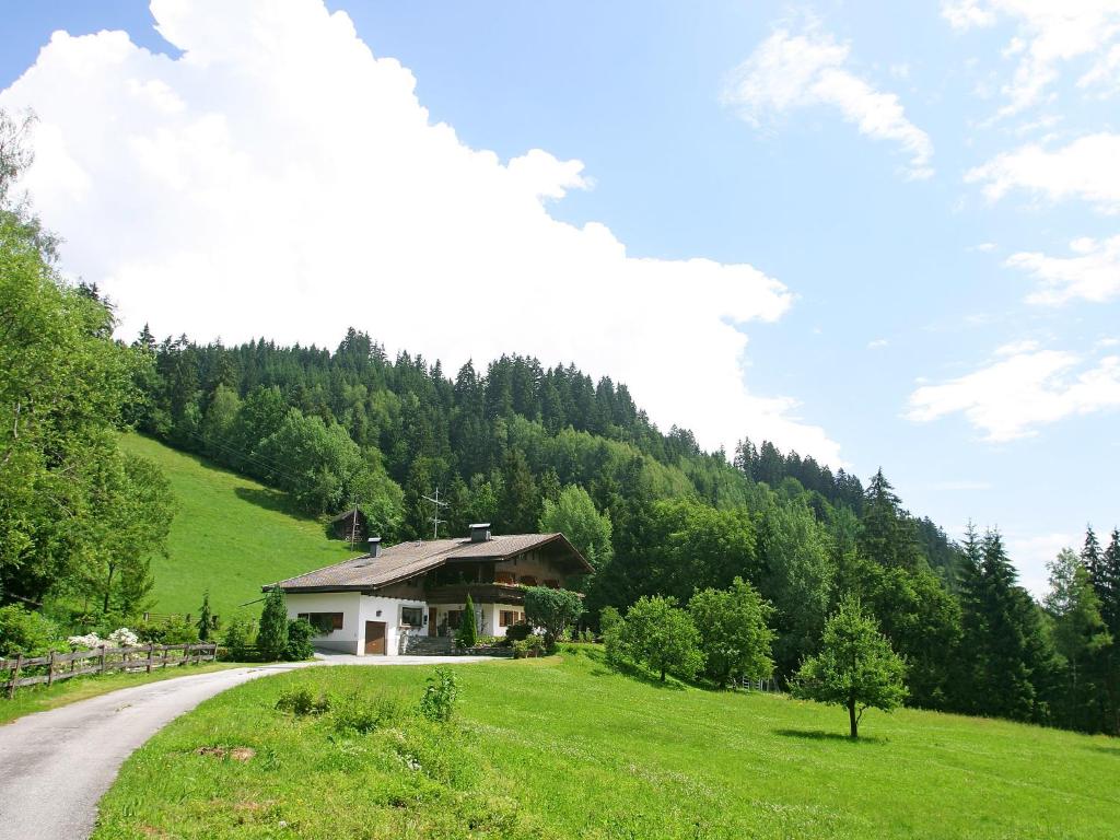 a house on a hill next to a road at Ferienhaus Berger in Mittersill