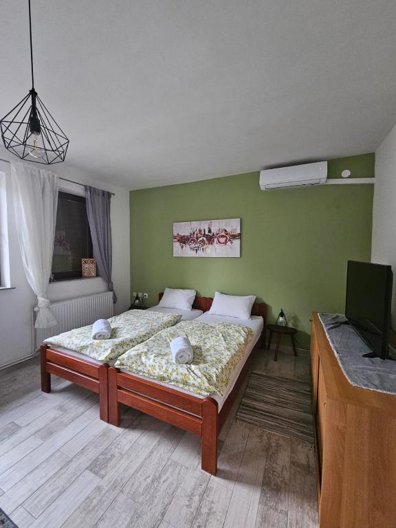 1 dormitorio con 1 cama y TV en Studio apartman Dora en Ilok