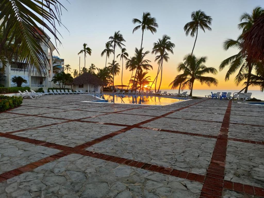 an einem leeren Strand mit Palmen und Sonnenuntergang in der Unterkunft Apartamento frente al mar Juan dolio in Juan Pedro