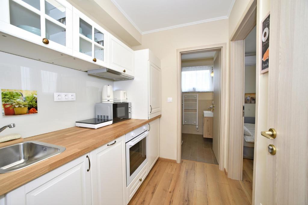 Kuchyň nebo kuchyňský kout v ubytování Palmy Apartmanhouse Maglód