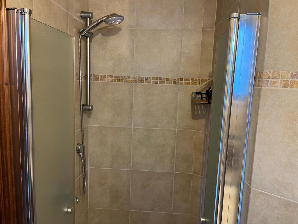 a shower with a glass door in a bathroom at סוויטה במושב פסטורלי רומנטי ושקט in Gannot Hadar