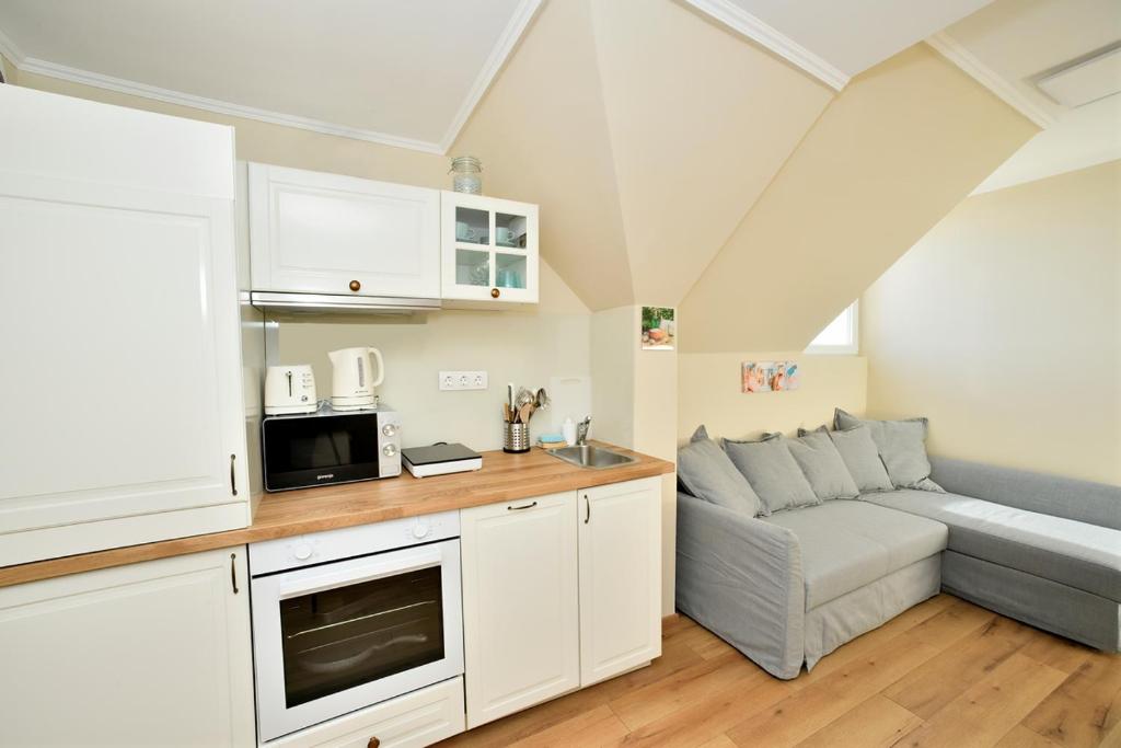 Kuchyň nebo kuchyňský kout v ubytování Palmy Apartmanhouse Maglód