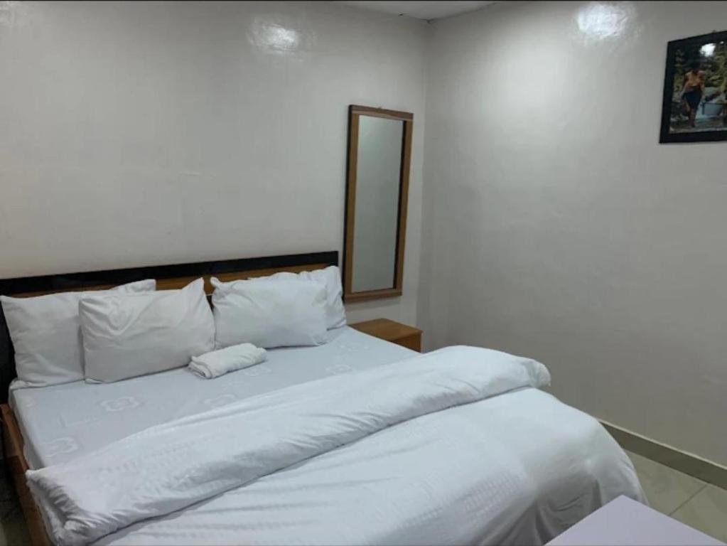 a white bed in a room with a mirror at Arena Guest House and Lounge in Ikeja