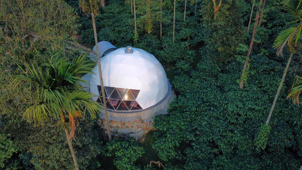 an aerial view of a dome house in the jungle at GeoLux - Luxurious Geodesic Dome in Chikmagalur