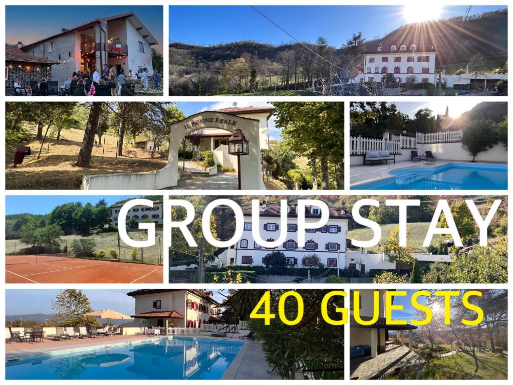 un collage de fotos de un grupo de casas y una piscina en GROUP STAY VILLA - 40 Guests - PRIVATE POOL - TENNISCOURT - PRIVATE COOK - CONVERANCE ROOM villaitaly eu, en Cairo Montenotte