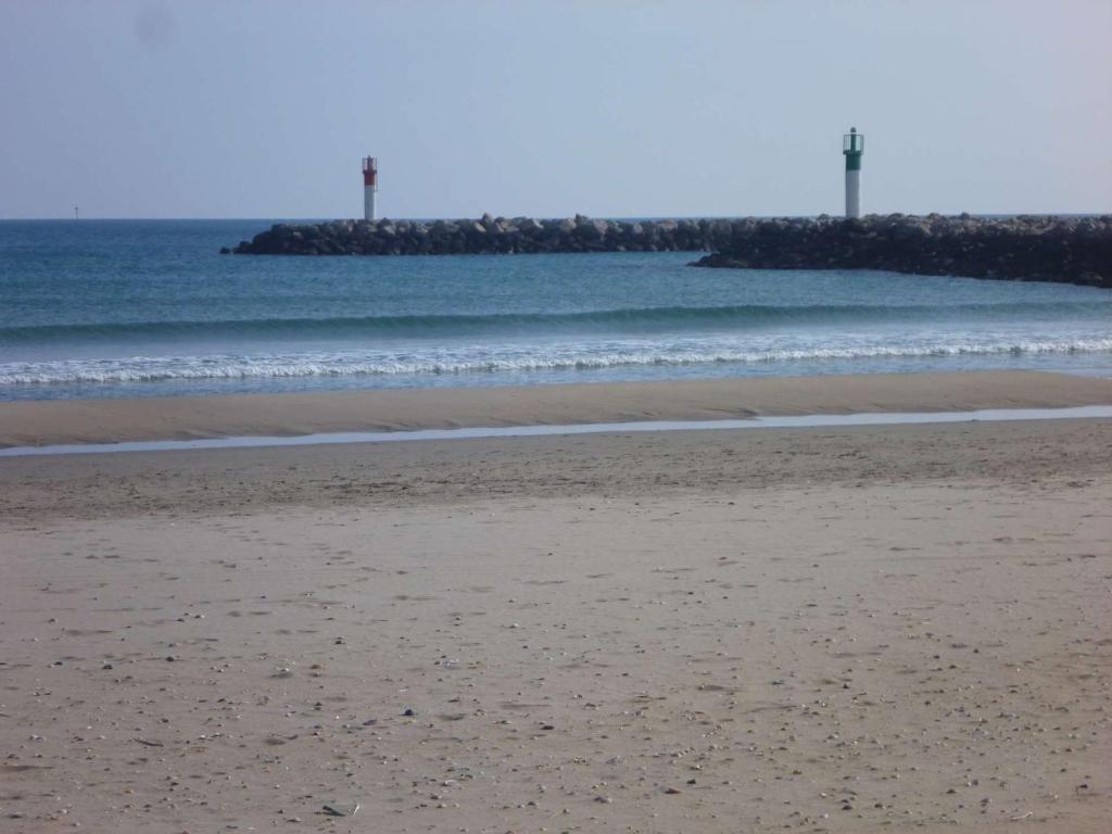 une plage avec l'océan et une jetée en arrière-plan dans l'établissement Appartement rénové 4 pers. proche plage, calme, parking, animaux acceptés - FR-1-387-131, à Marseillan