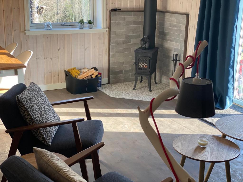 孫訥的住宿－Adventure Guesthouse Sweden in rural area Sunne，客厅配有椅子和壁炉