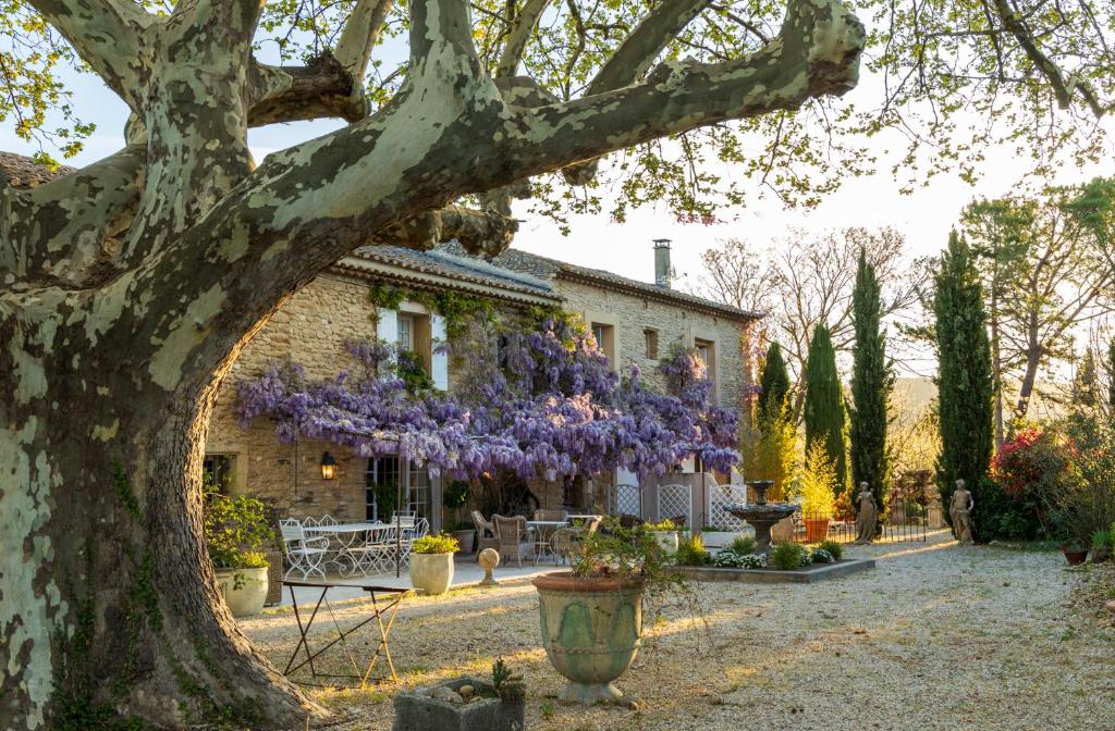 una casa con flores púrpuras colgando de ella en Le Clos de Lucie, en Lagnes