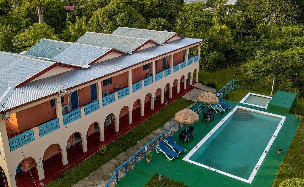 an overhead view of a building with a swimming pool at Waterloo Guest House in Black River