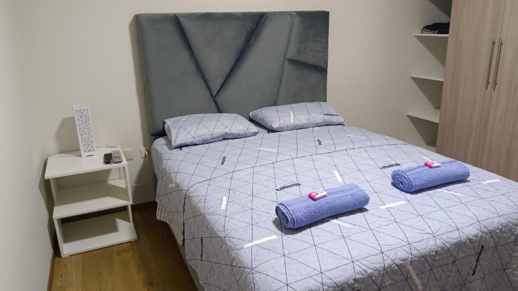 een slaapkamer met een bed met 2 kussens erop bij Céntrico Depto. en el Prado in Cochabamba