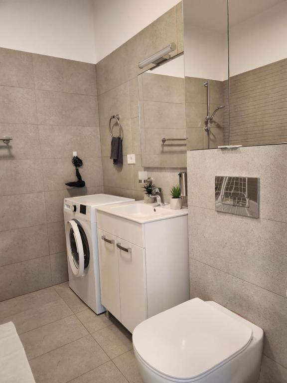 een badkamer met een toilet, een wastafel en een wasmachine bij Apartament Elite Fundeni sector 2 in Dobroeşti