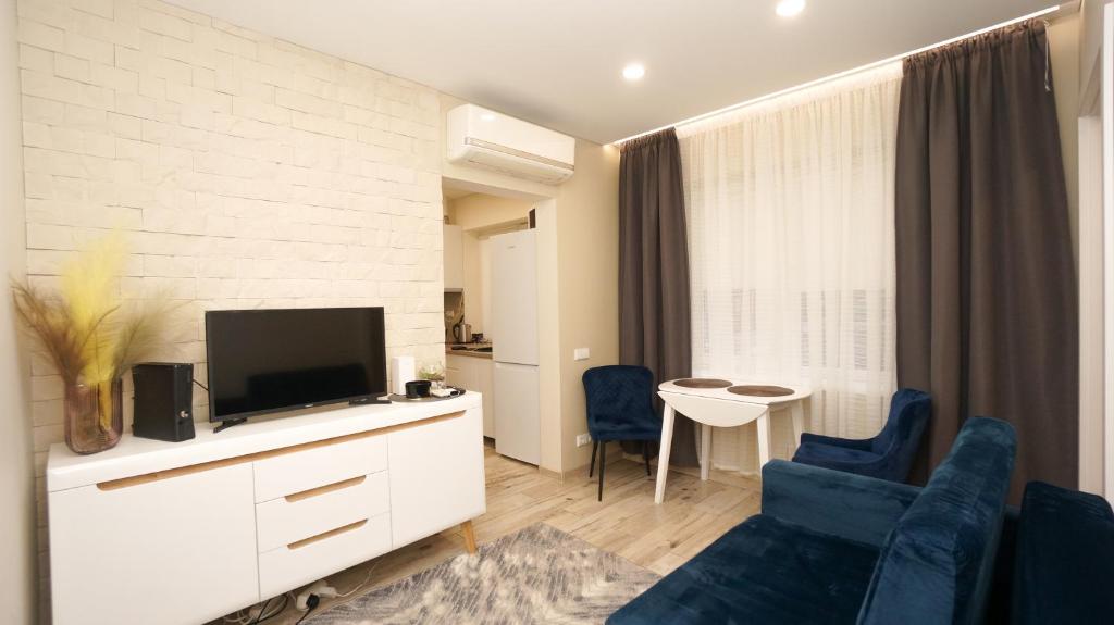 ein Wohnzimmer mit einem blauen Sofa und einem TV in der Unterkunft Red Brick House in Marijampolė