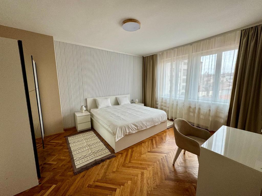 een slaapkamer met een bed en een groot raam bij Trident Apartments 3 in Niš