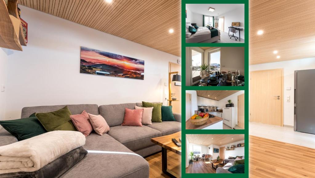 eine Collage mit Fotos eines Wohnzimmers mit einer Couch in der Unterkunft MATT - Apartments ' Design ' ruhig & lichtdurchflutet ' Natur in Höchenschwand